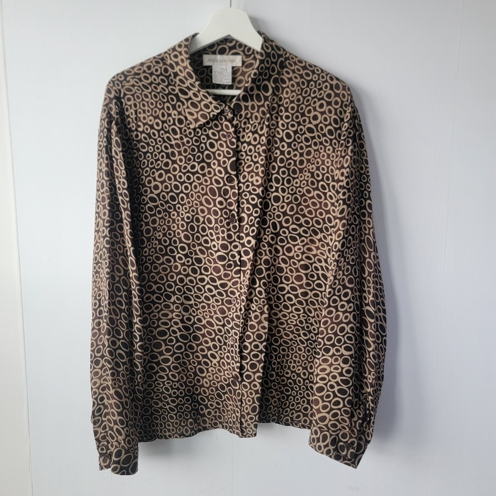 Jones new york women's 100% silk button up shirt size 24W printed Work Career